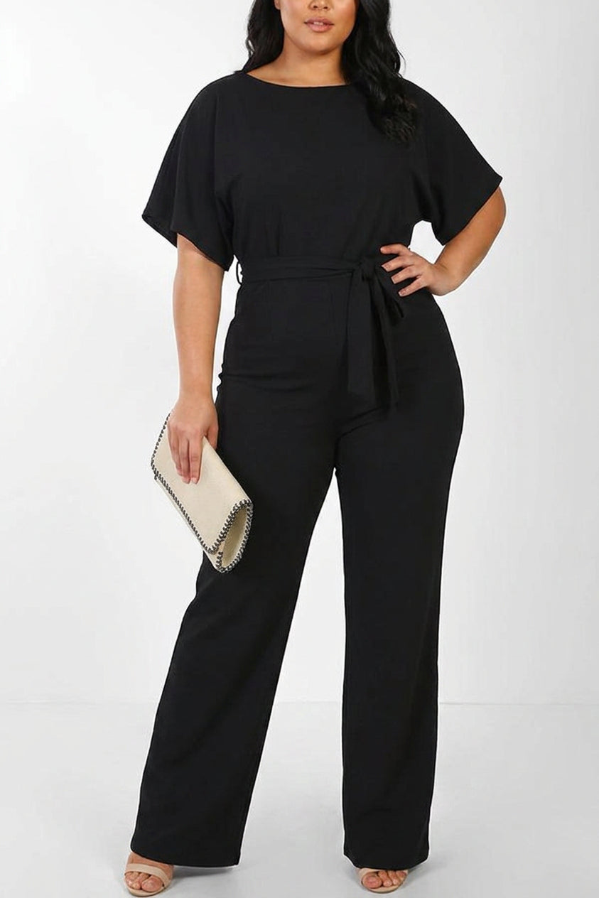 Delaney - Summer button tie short sleeved Jumpsuit - Plus size model
