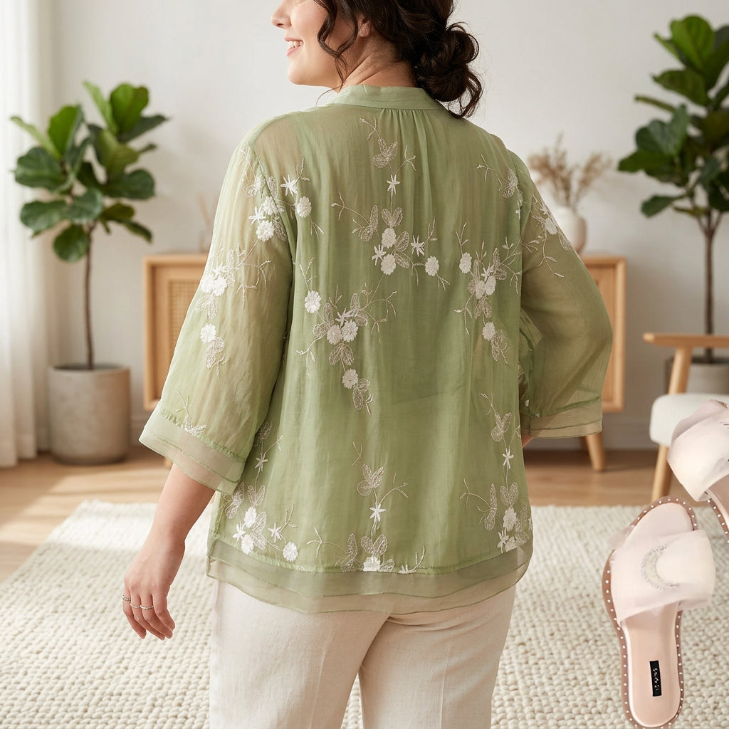 Nellie™ | Elegant Top with Embroidered Flowers - Plus size model