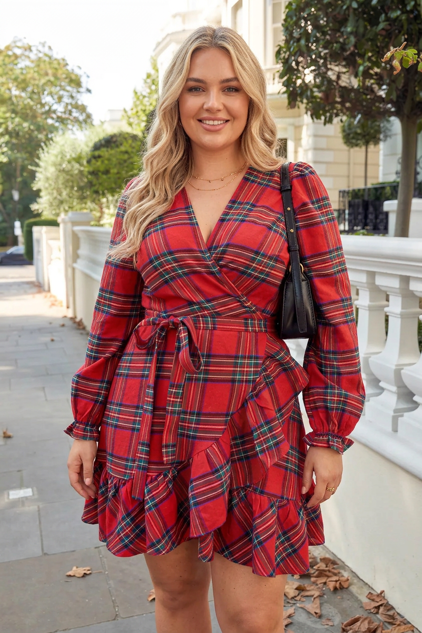 Marilou - Red Plaid Wrap Mini Dress - Plus size model