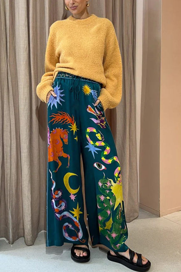Pierson - Linen Blend Unique Print Elastic Waist Pocketed Wide Leg Pants