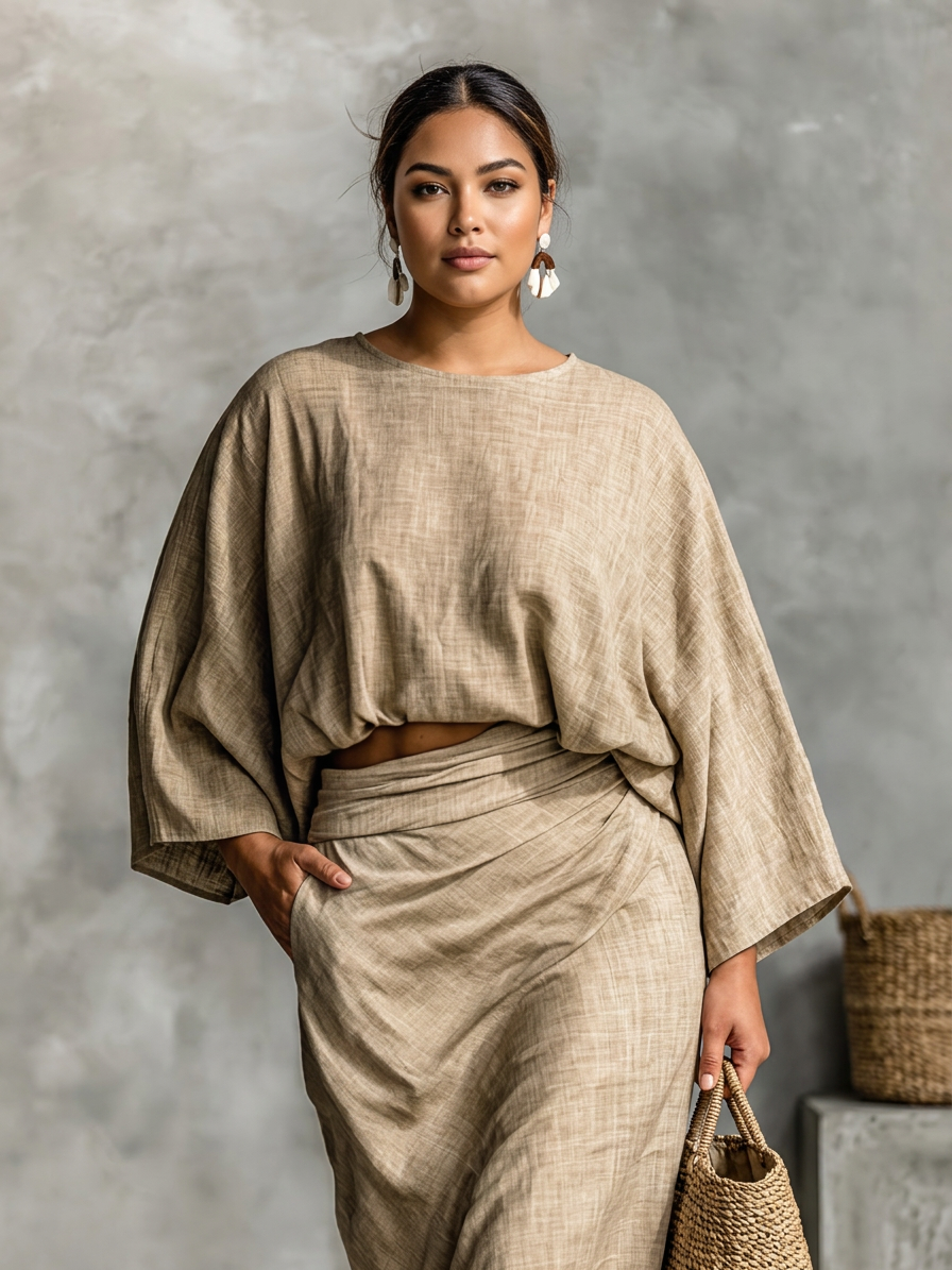 Two-piece set with long skirt and batwing sleeves - Plus size model