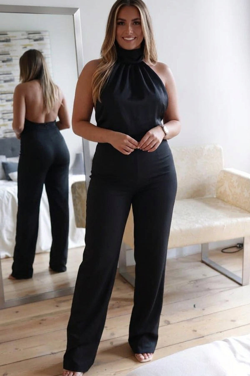 Rowan - Thriving All Night Satin Halter Neck Jumpsuit - Plus size model