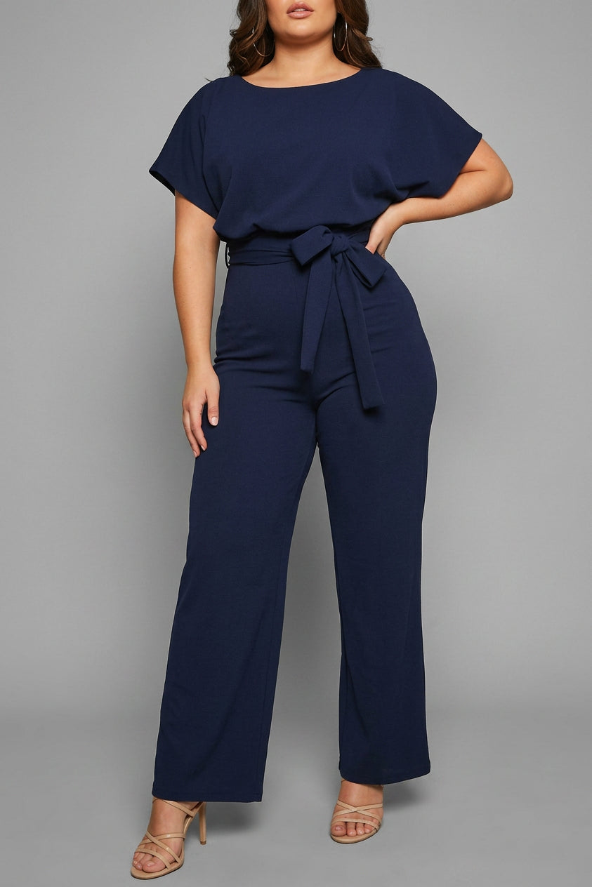 Delaney - Summer button tie short sleeved Jumpsuit - Plus size model