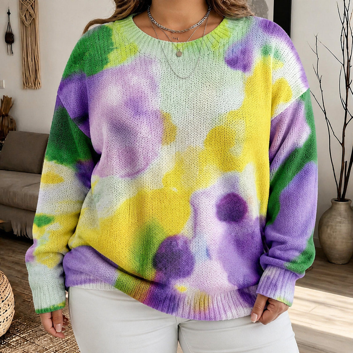 Giselle | Tie-Dye Floral Round-Neck Sweater - Plus size model