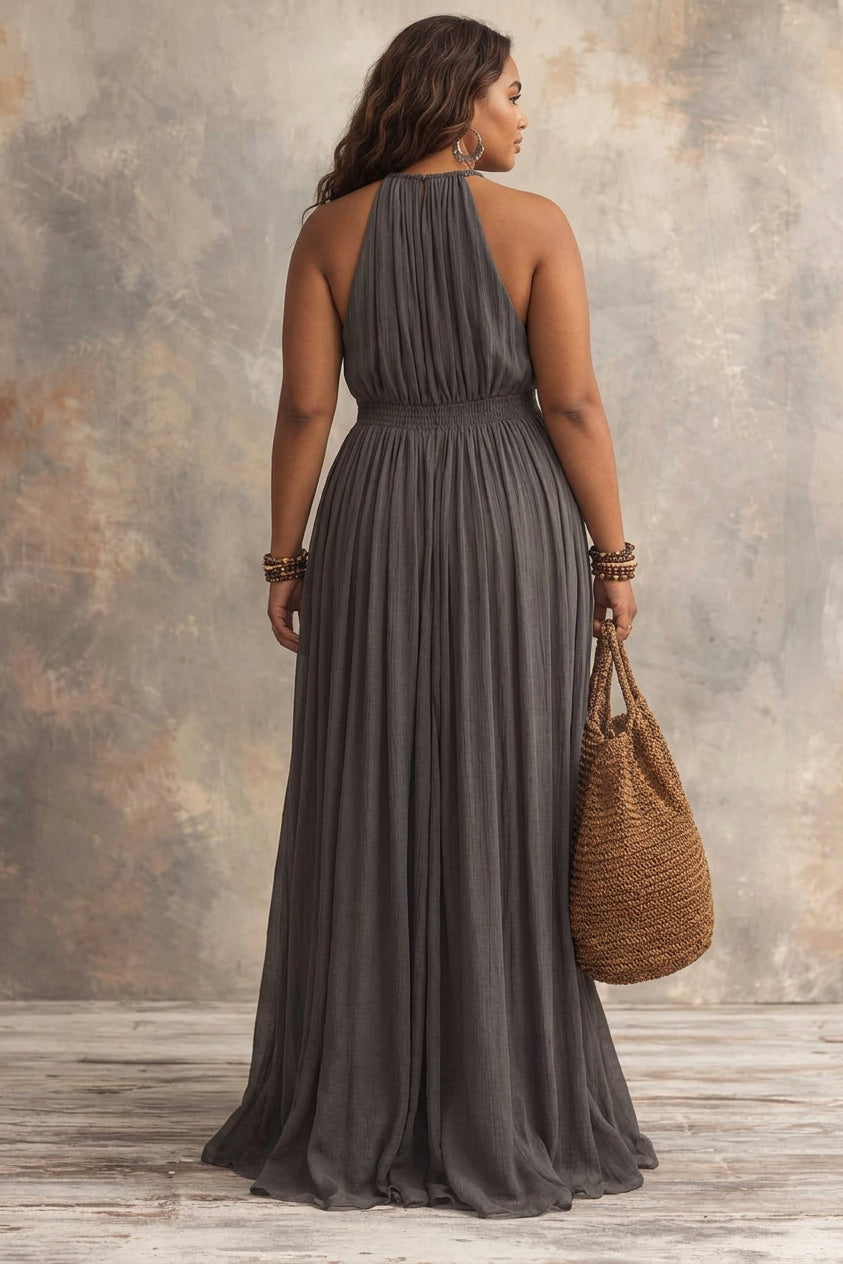 Aspen - Boho Dark Grey Textured Halter Maxi Dress - Plus size model