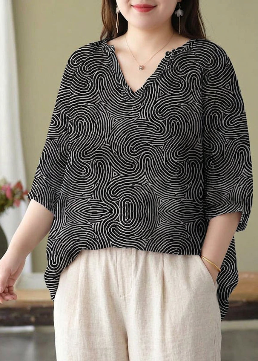 Luna - Boutique Pink V Neck Print Loose Fall Half Sleeve Blouses - Plus size model