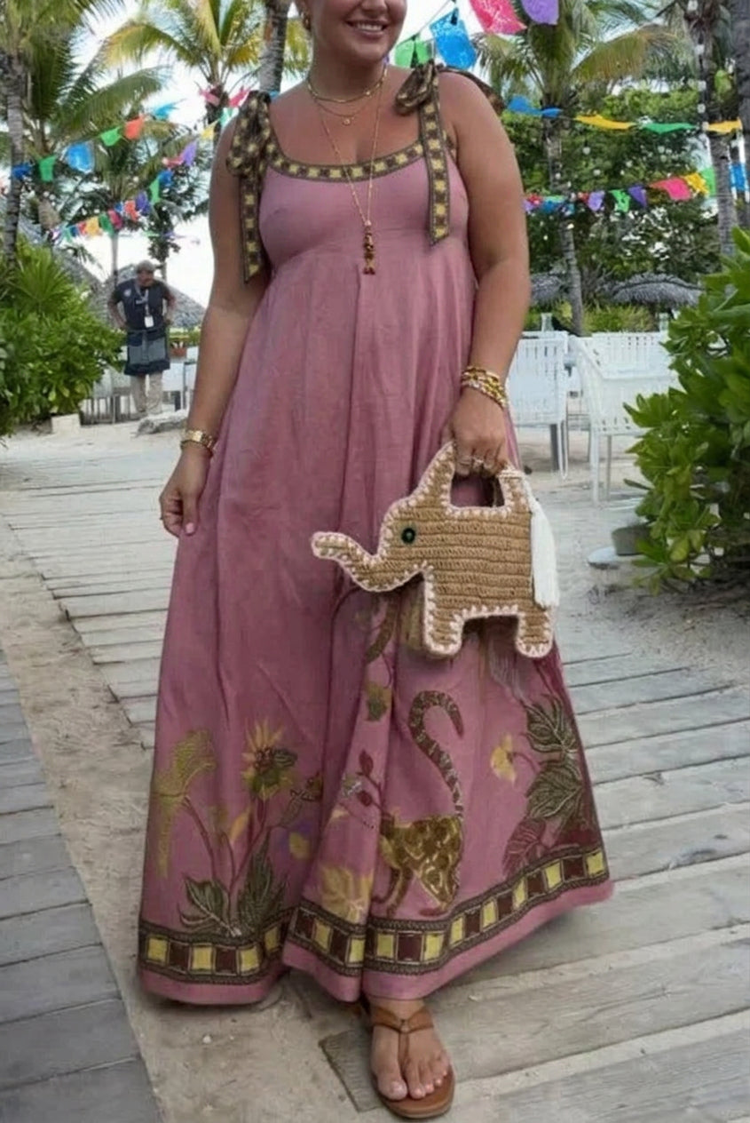Monroe - Linen Blend Unique Printed Tie-up Suspenders Pocket Elegant Maxi Dress - Plus size model