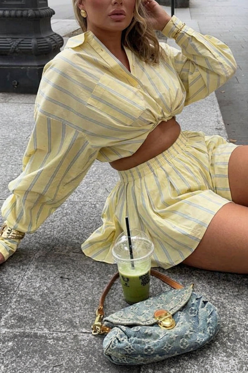 Ariella - Yellow & Blue Striped Cropped Shirt + High-Waisted A-Line Skirt Set - Plus size model