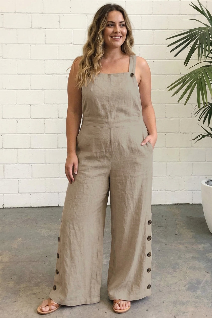 Mitchell - Casual Solid Buckle Square Collar Regular Jumpsuits - Plus size model