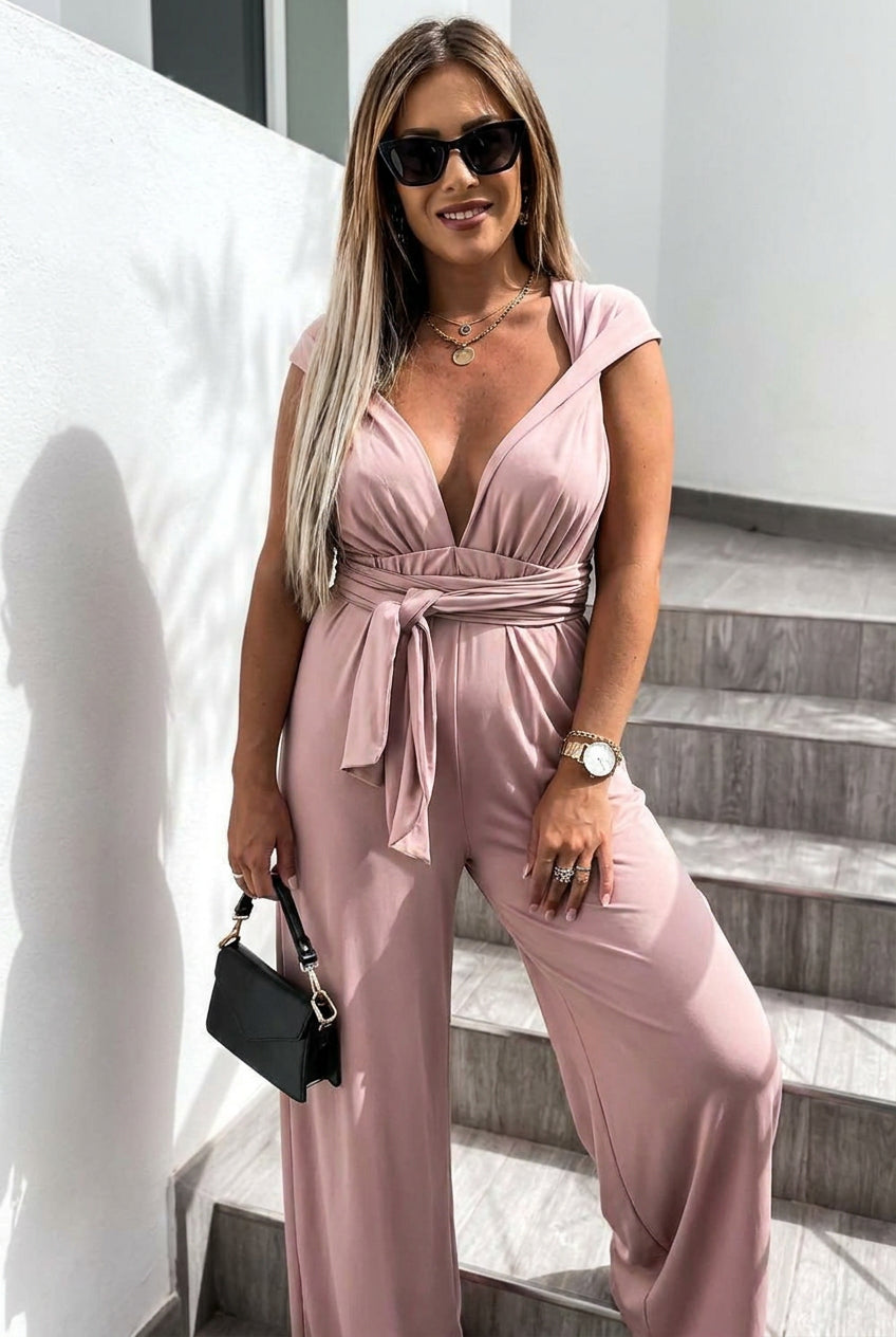 Tessa - Solid Color Slim V Neck Lace Up Sleeveless Jumpsuit - Plus size model