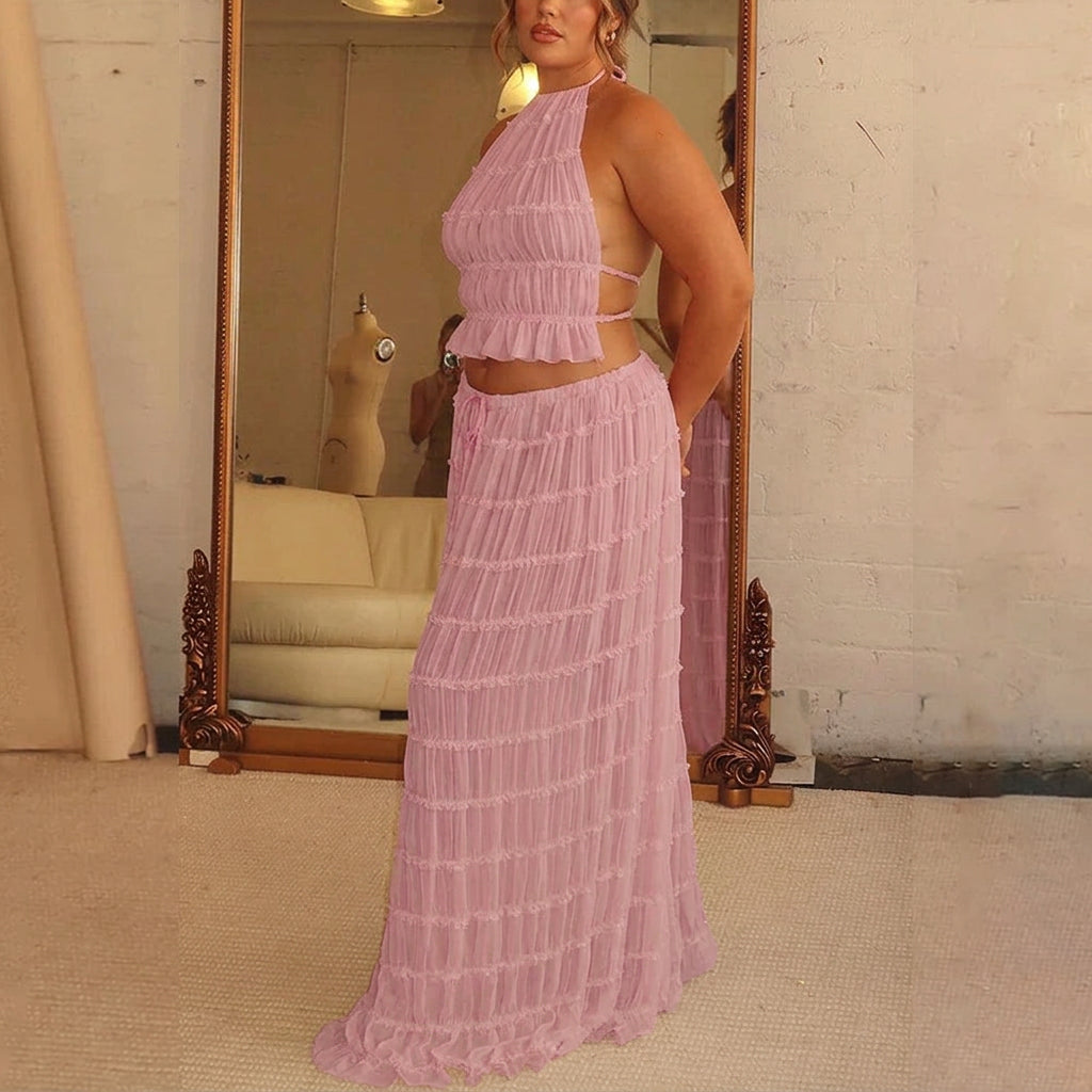 Marina | Ruched Halter Crop Top & Maxi Skirt Set - Plus size model