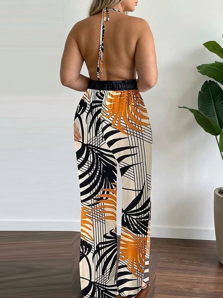Everly - Sling Leaf Print Jumpsuit - Plus size model