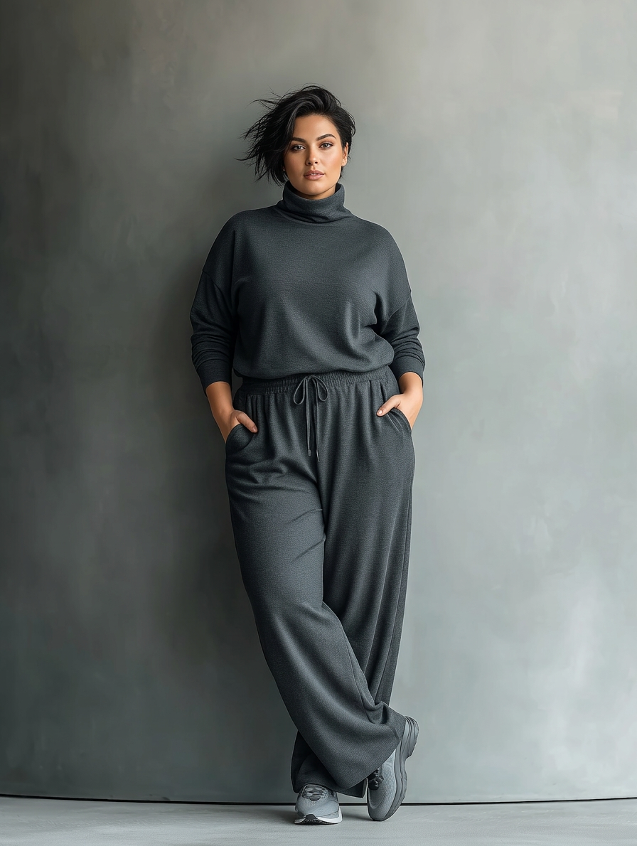 Women's Charcoal Knit Set with High Neck and Wide Leg Pants - Plus size model