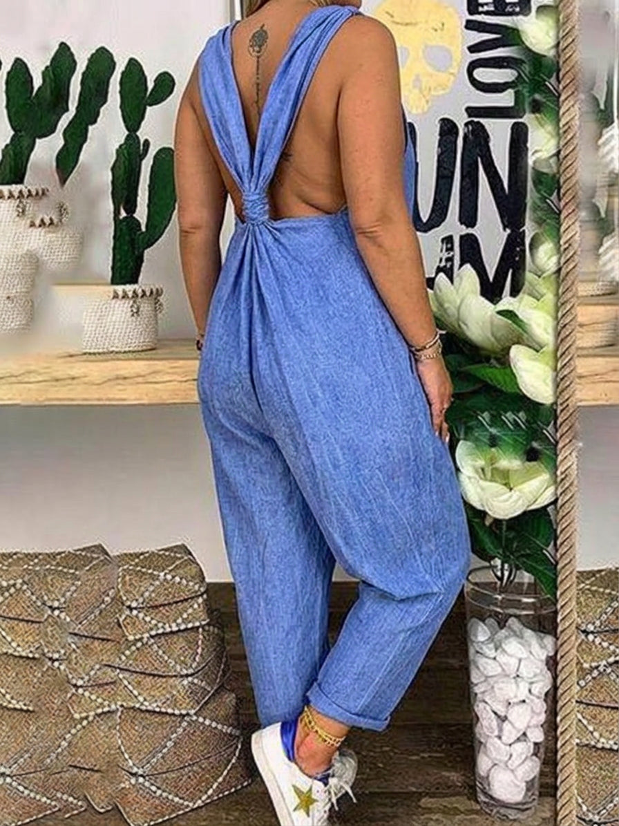 Carter - Solid Cross-back Cotton Linen Loose Jumpsuit - Plus size model