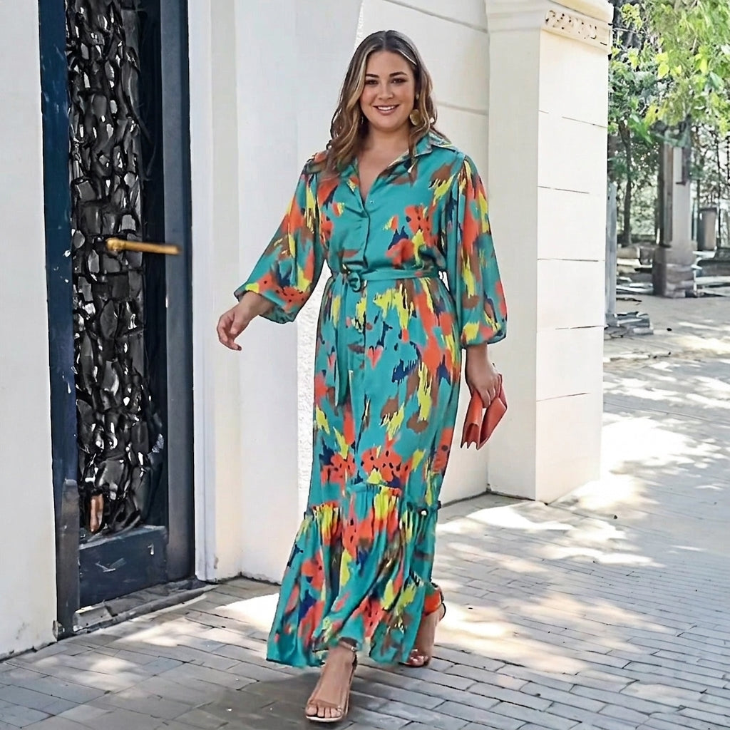 Evelyn Printing Lapel Maxi Dress: Elegant Vintage Flow - Plus size model