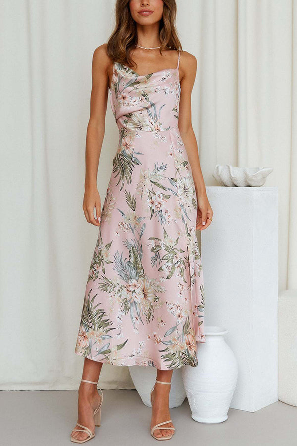 Destiny - Everything You Need Satin Floral Cowl Neck Slit Midi Dress