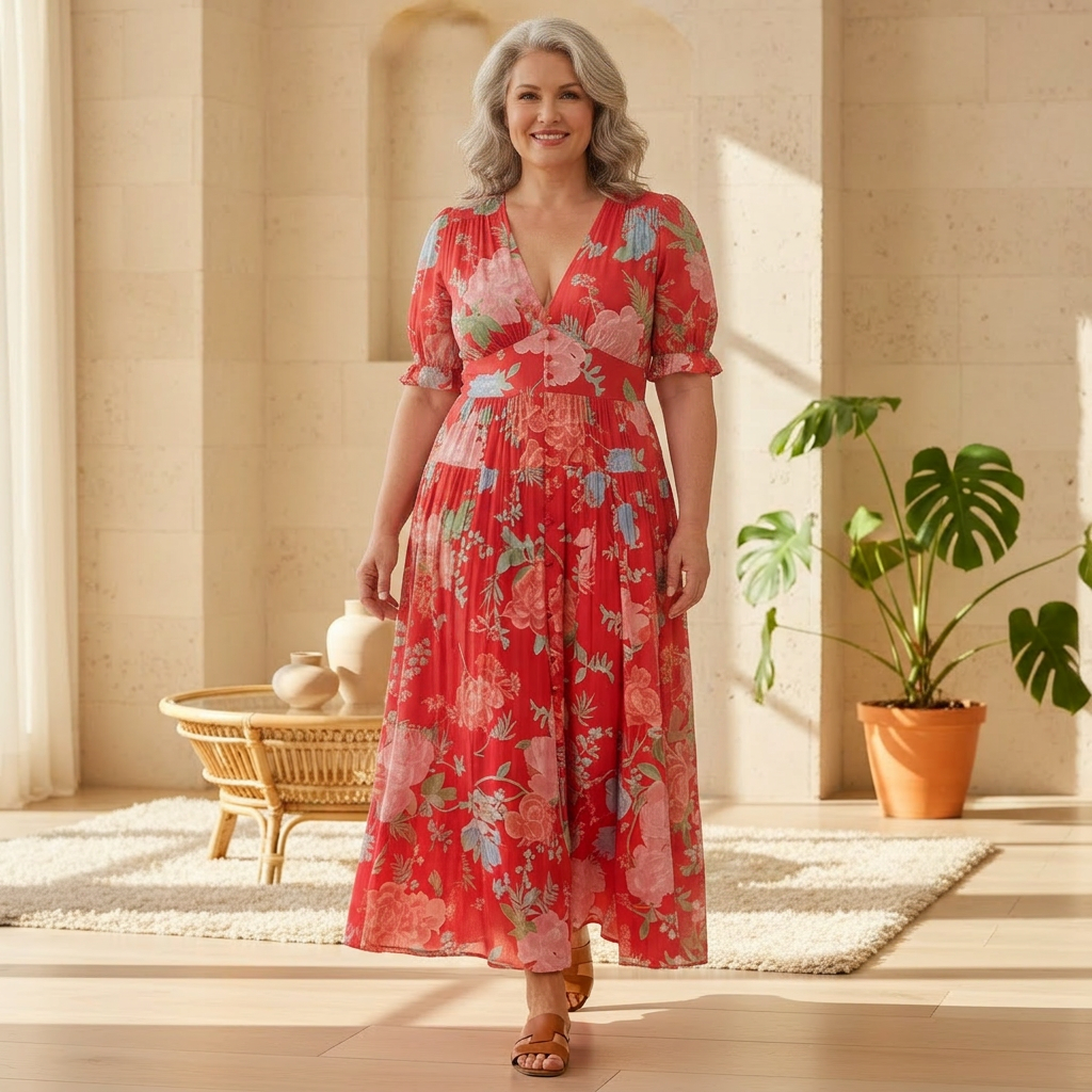 Elara | Floral Maxi Dress - Plus size model