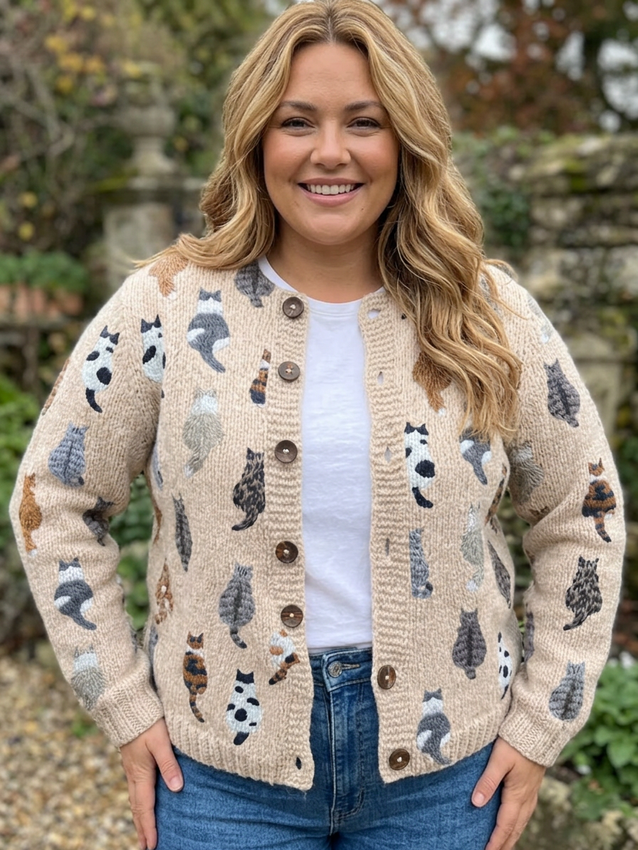 Brianna | The Cat Print Cardigan - Plus size model
