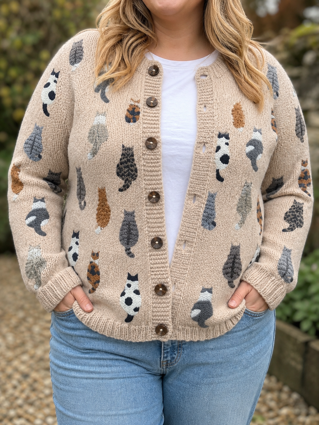 Charlotte | Cozy Cat Print Cardigan - Plus size model