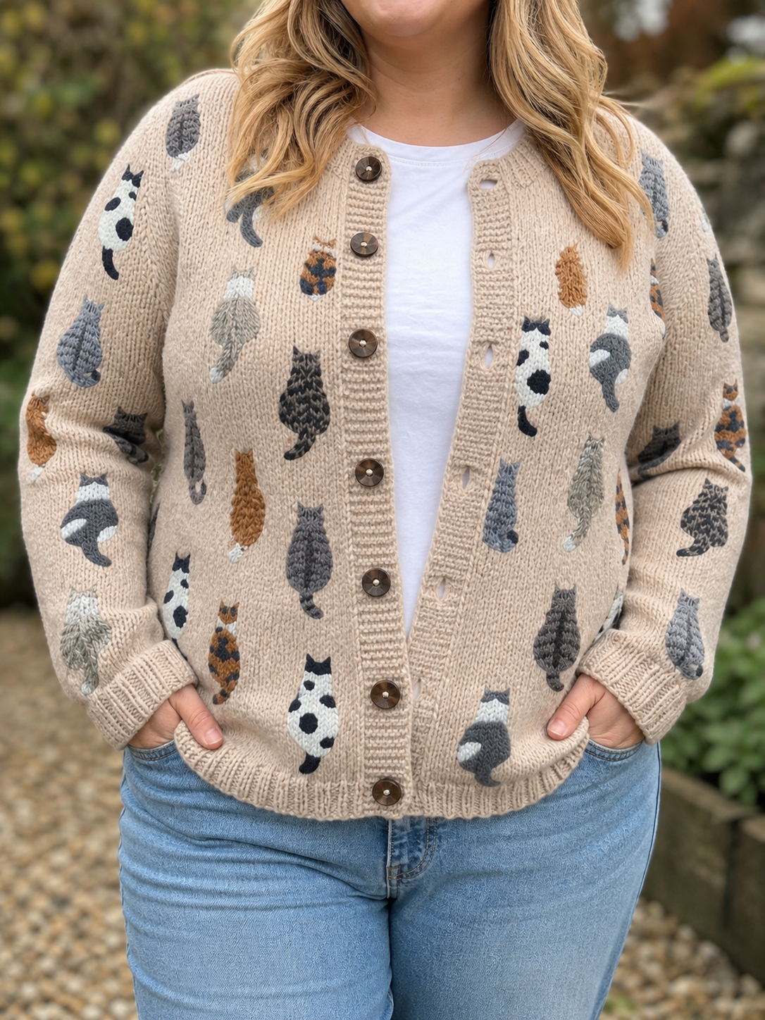 Charlotte | Cozy Cat Print Cardigan - Plus size model