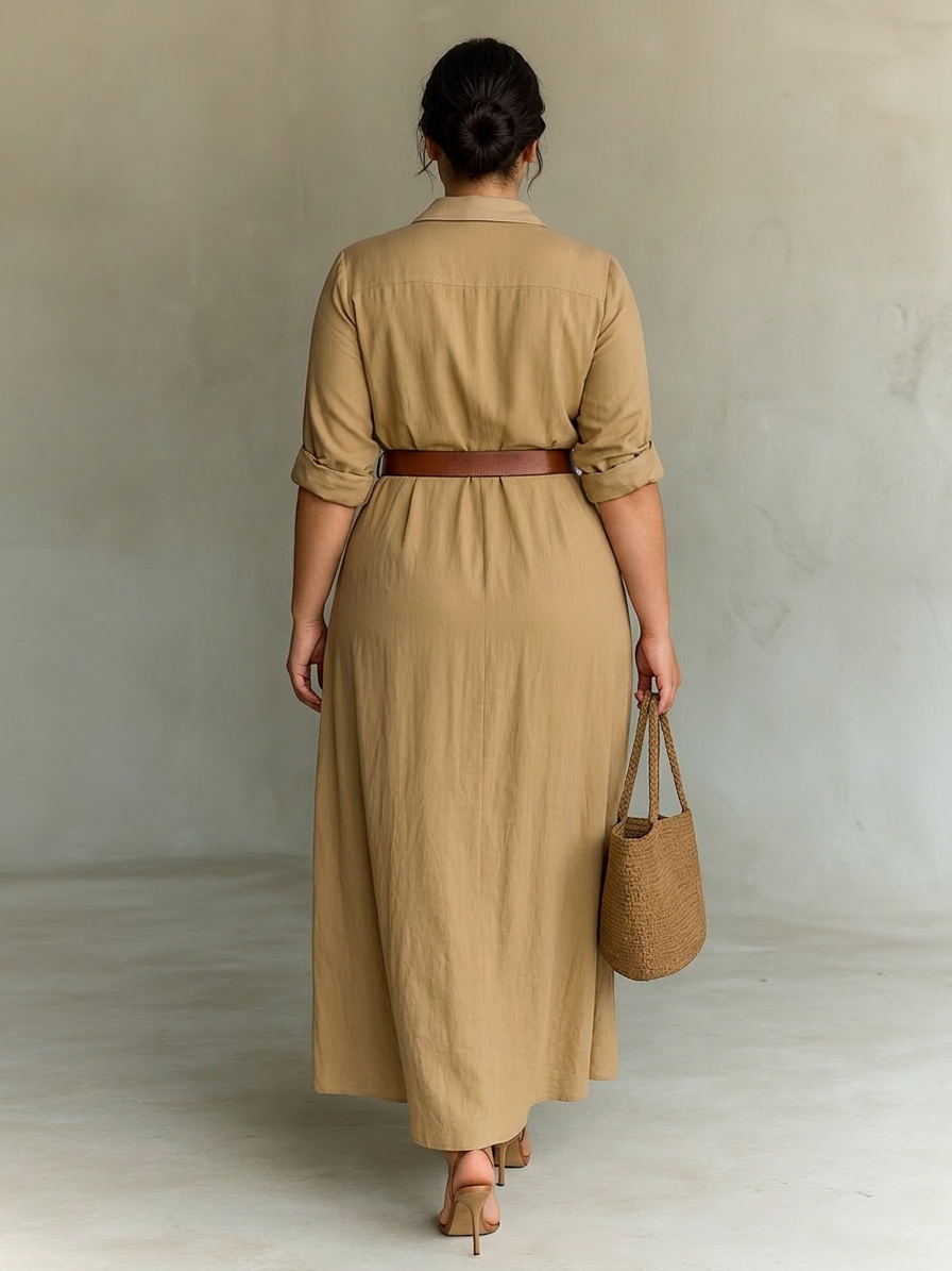 Long Maxi Dress with Notched Collar and Long Sleeves for Women - Plus size model