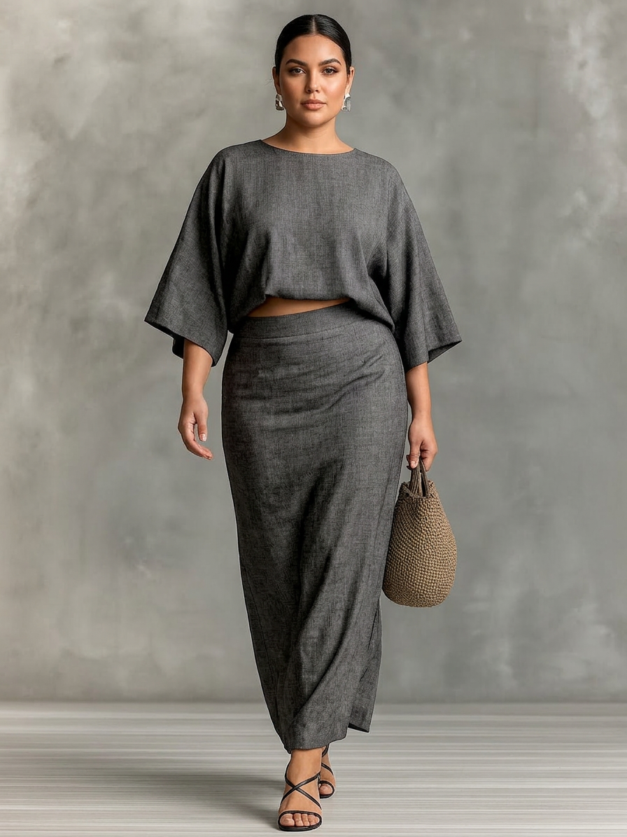 Two-piece set with long skirt and batwing sleeves - Plus size model
