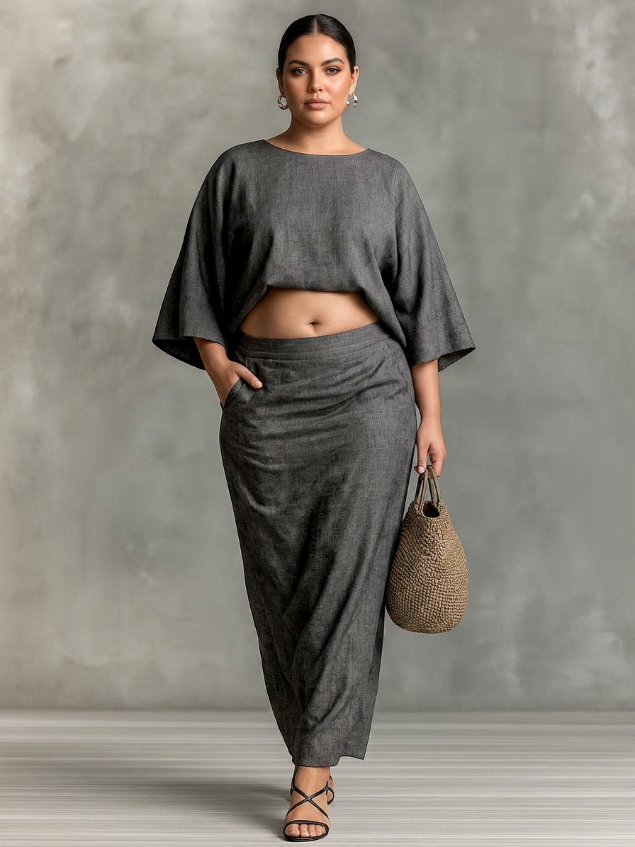 Leah - Linen Co-ord Set Elegant With Long Skirt - Plus size model