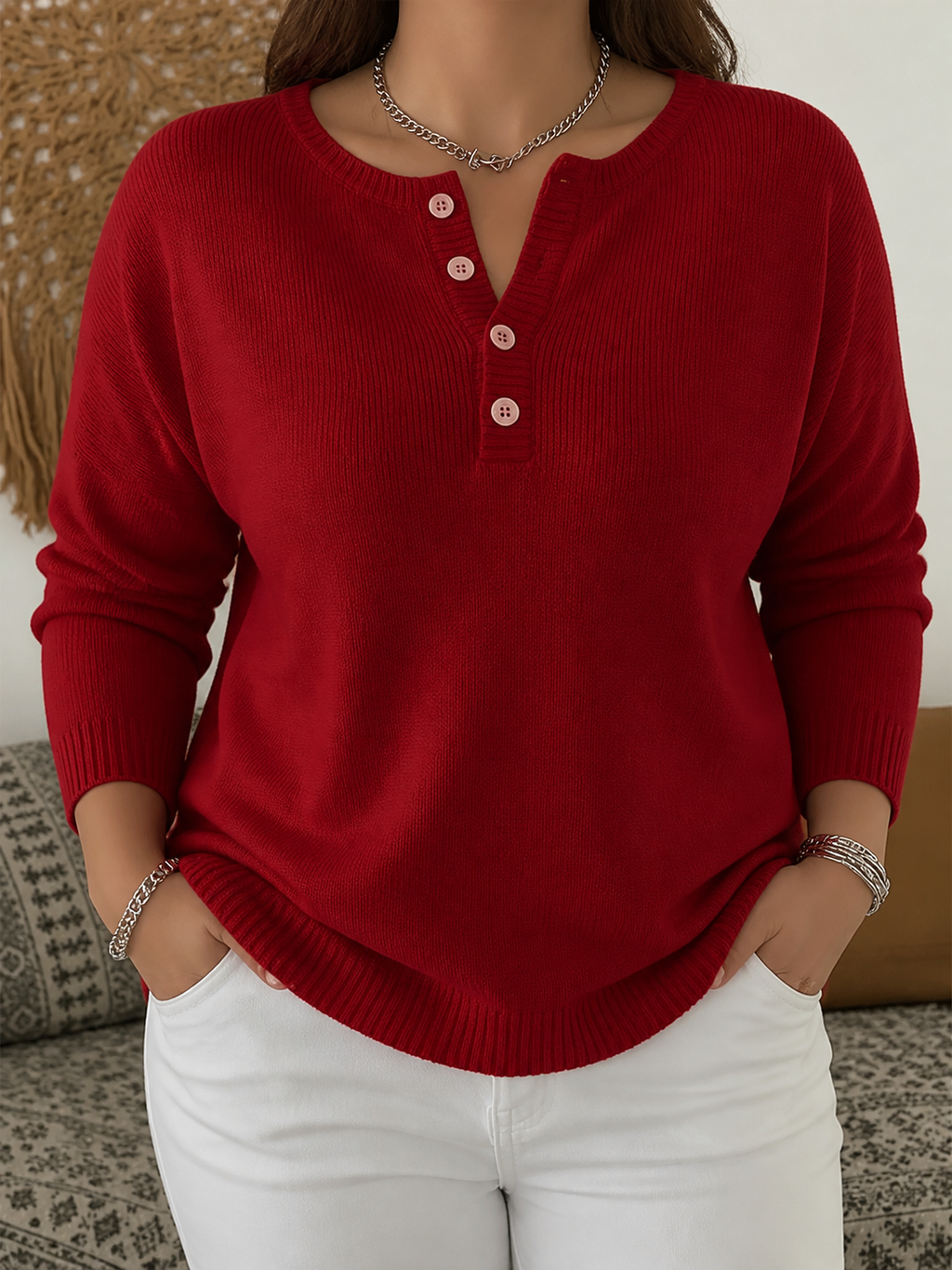 Helena | Henley Button-Up Knit Sweater - Plus size model