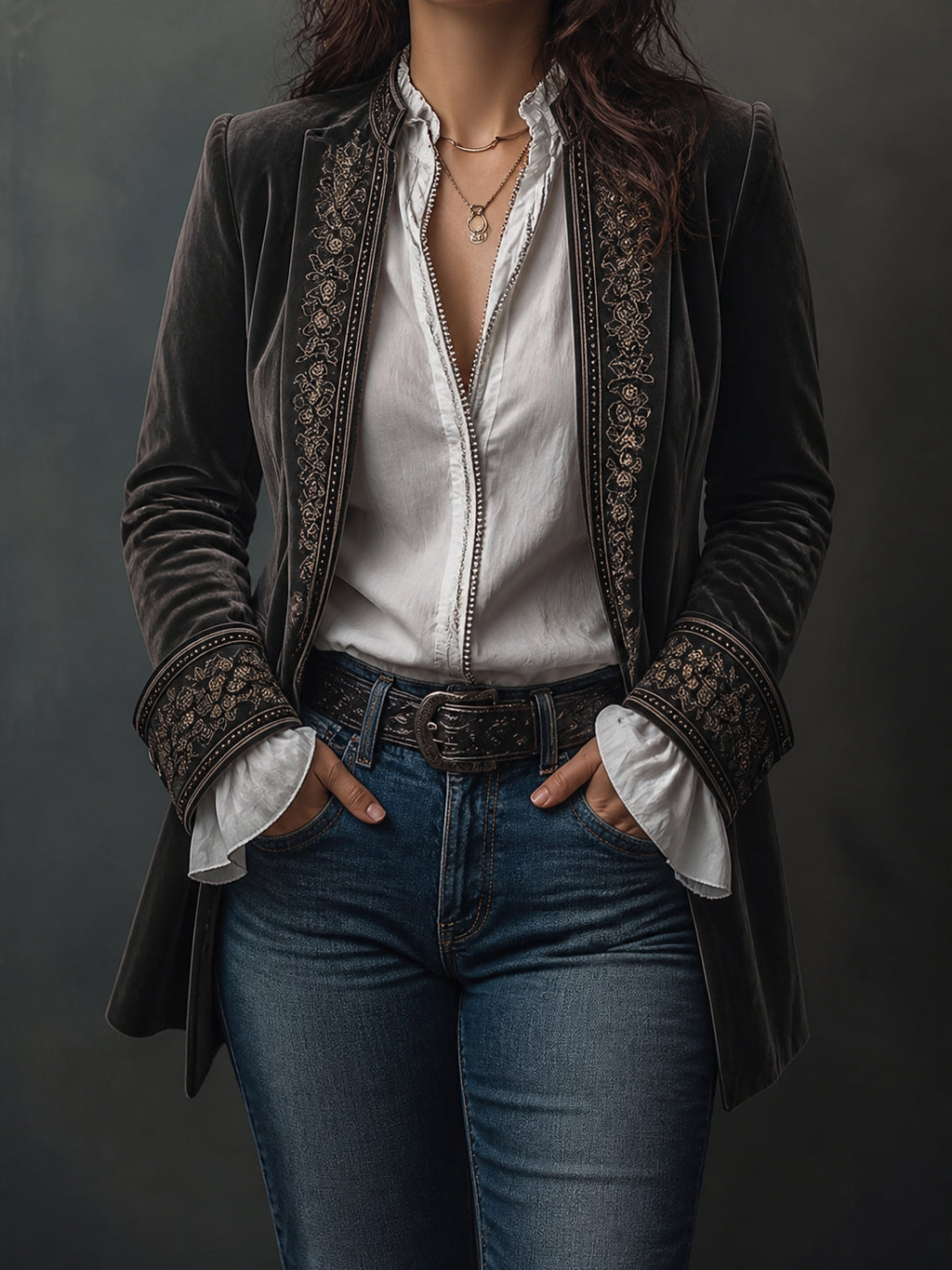 Women’s Vintage Navy Embroidered Longline Jacket - Plus size model