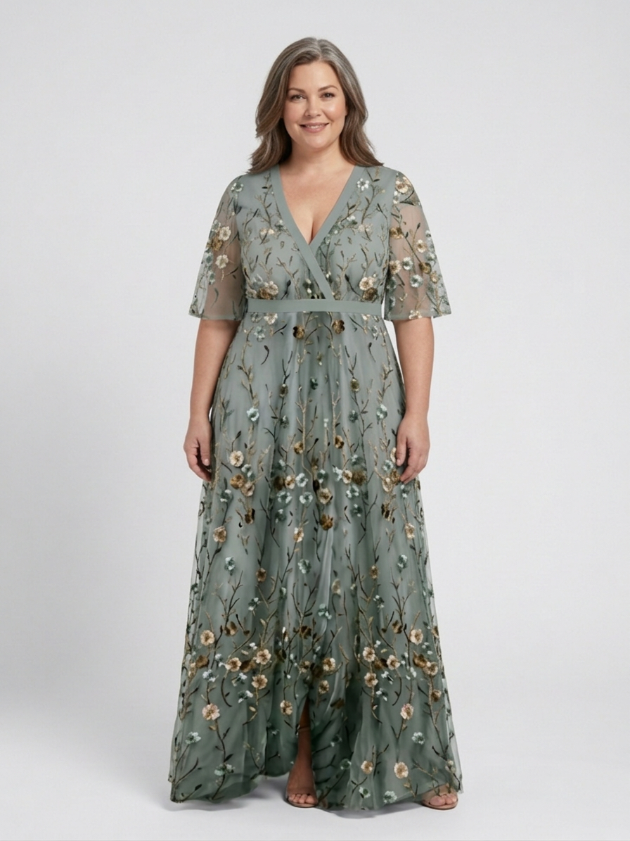 Evadne | Floral V Neck Short Sleeve Maxi Dress - Plus size model
