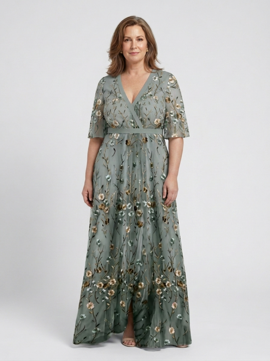 Stella & Grace™ | Floral V Neck Short Sleeve Maxi Dress - Plus size model