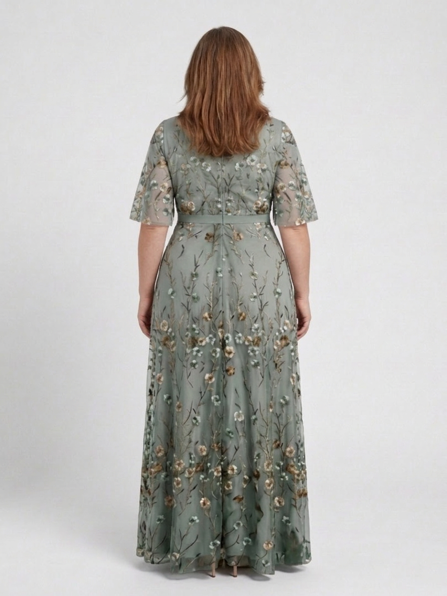 Evadne | Floral V Neck Short Sleeve Maxi Dress - Plus size model