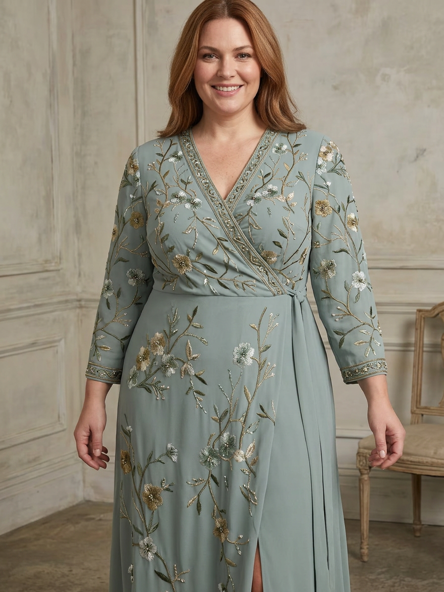 Evadne | Floral V Neck Short Sleeve Maxi Dress - Plus size model