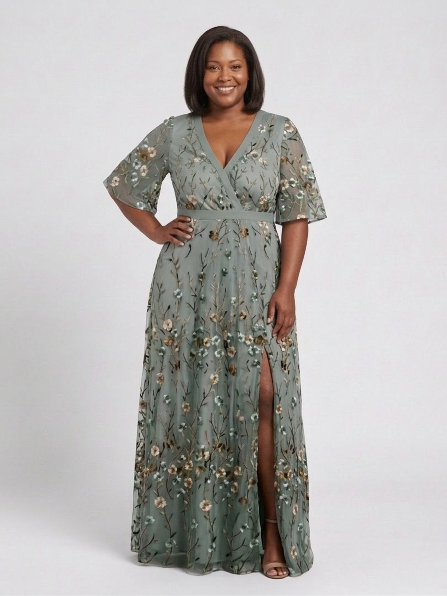 Evadne | Floral V Neck Short Sleeve Maxi Dress - Plus size model