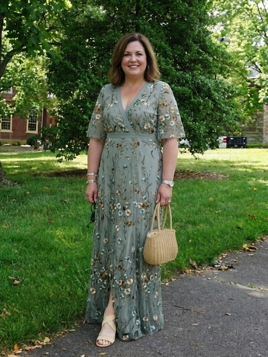 Evadne | Floral V Neck Short Sleeve Maxi Dress - Plus size model