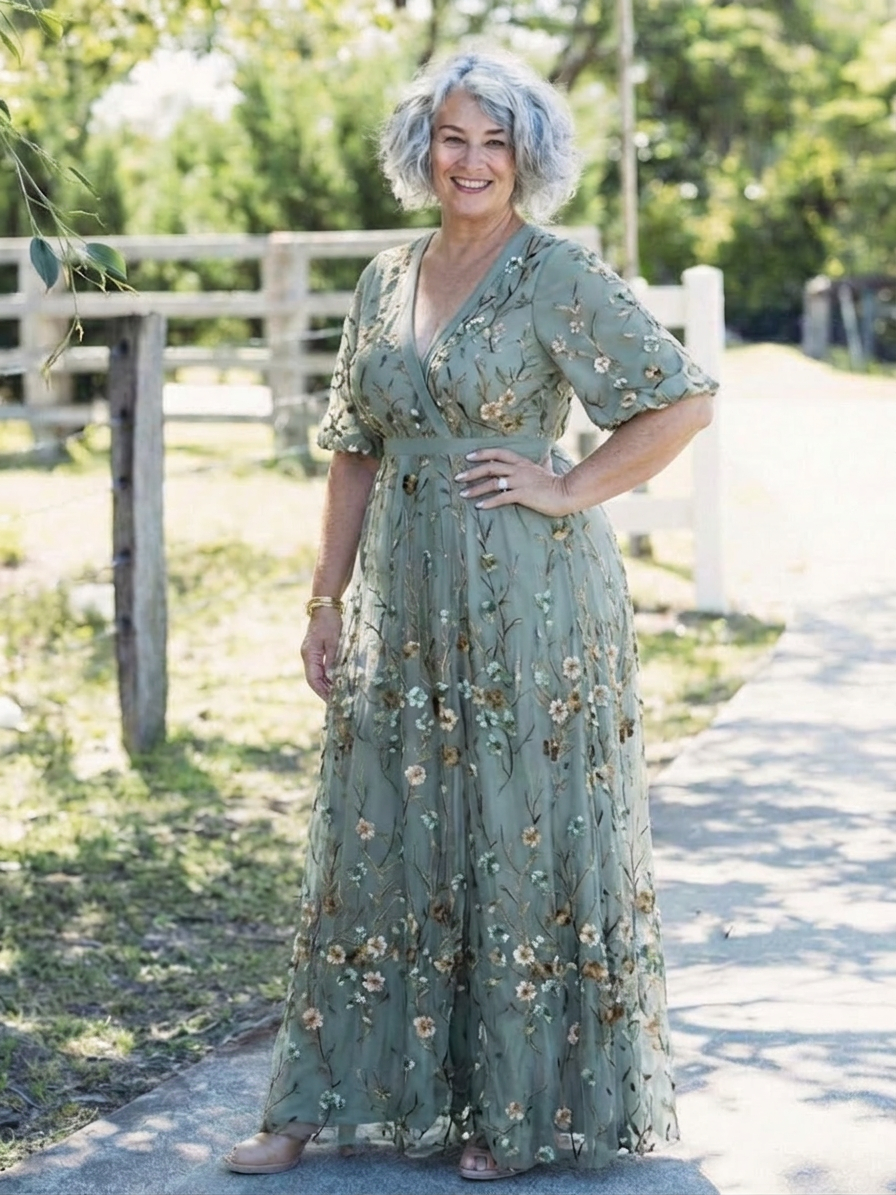 Evadne | Floral V Neck Short Sleeve Maxi Dress - Plus size model
