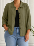 Linda | Olive Relaxed Open Shirt with Point Collar - Plus size model