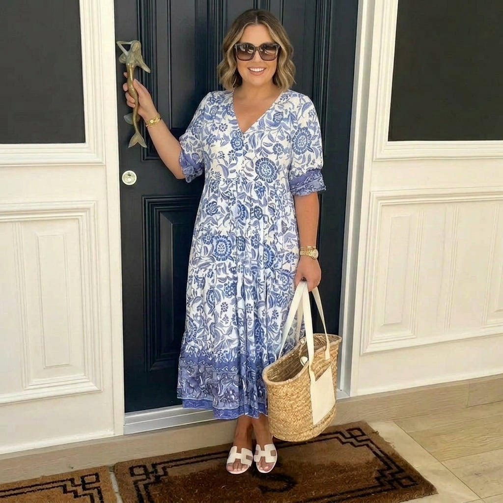 Ellie | Graceful V-Neck Floral Dress - Plus size model