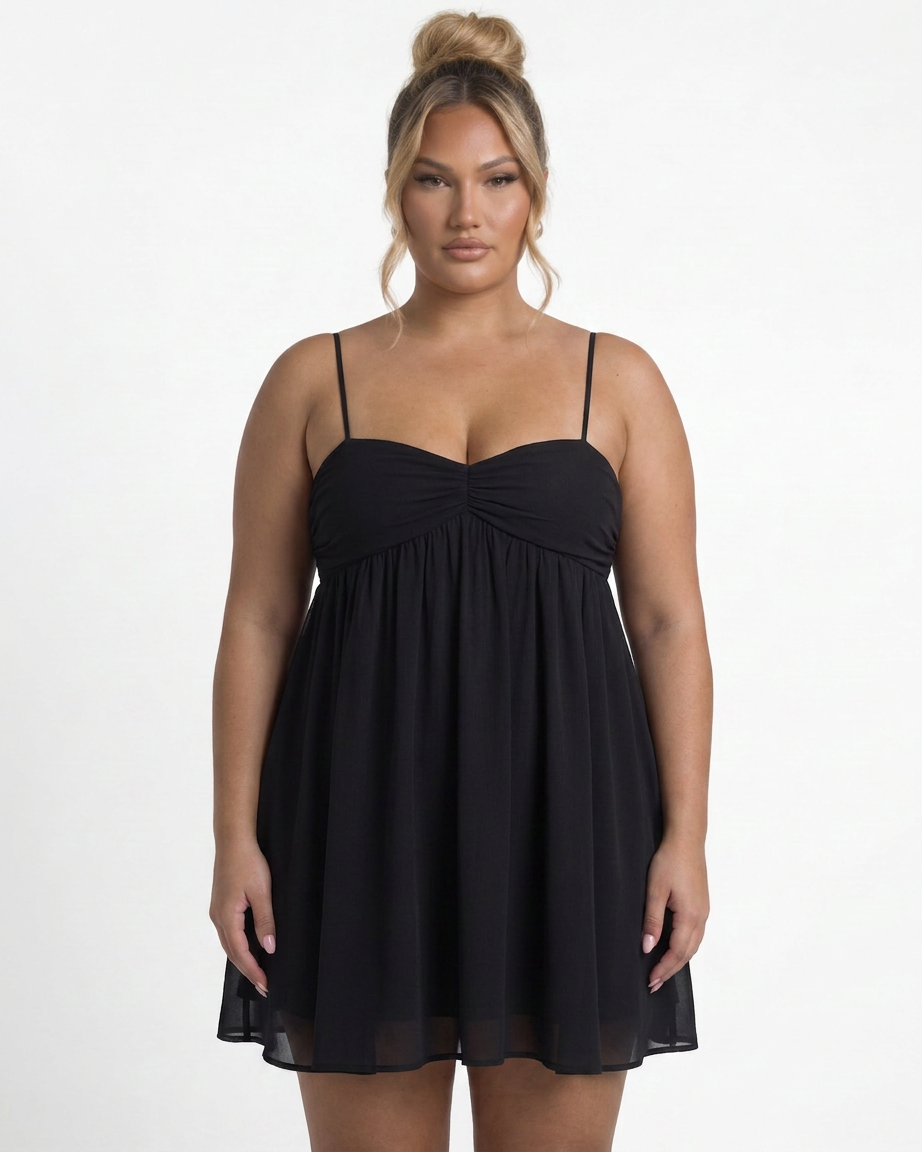 Rachel - Flowy Babydoll Mini Dress - Plus size model