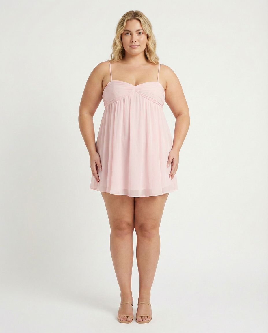 Rachel - Flowy Babydoll Mini Dress - Plus size model