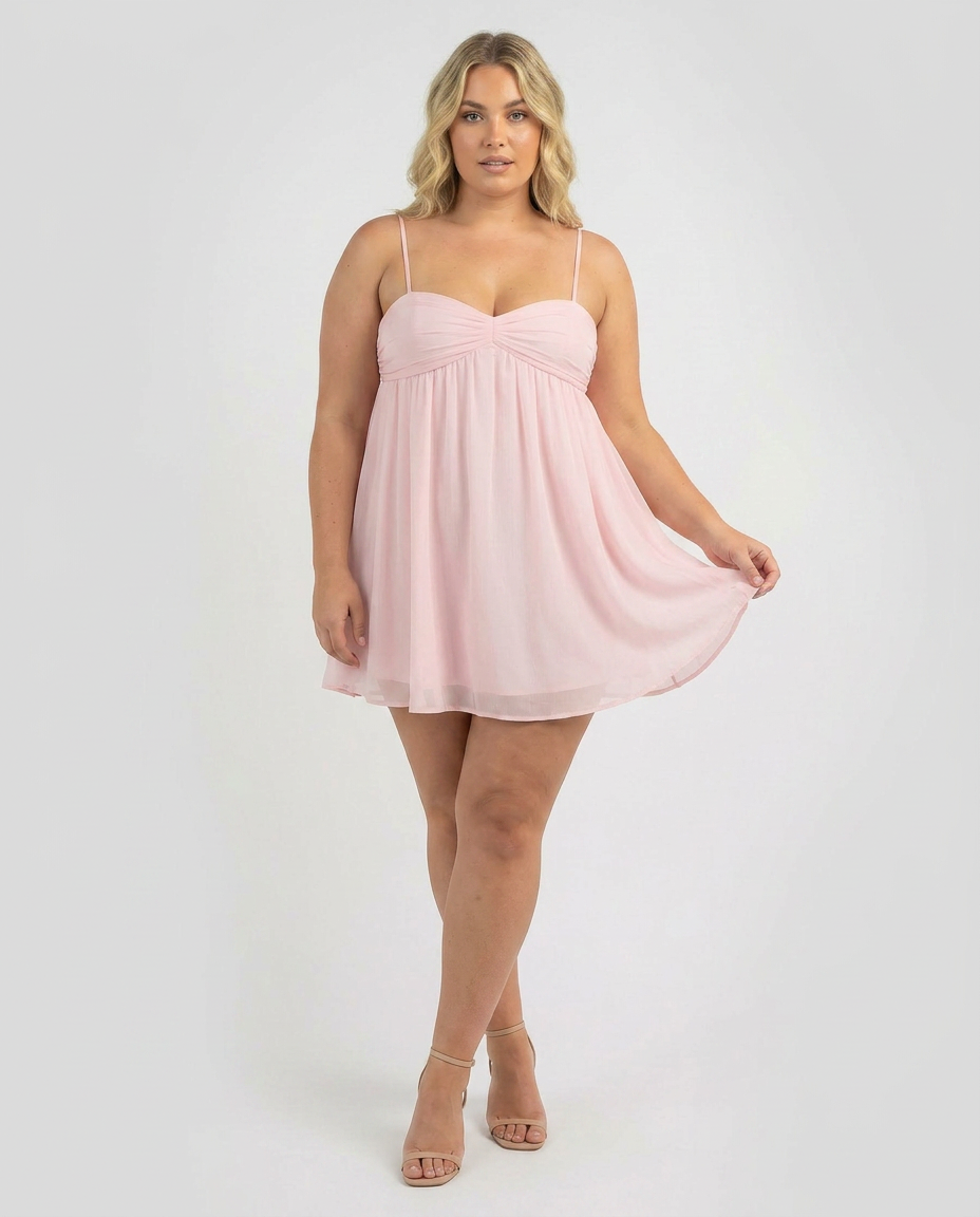 Rachel - Flowy Babydoll Mini Dress - Plus size model