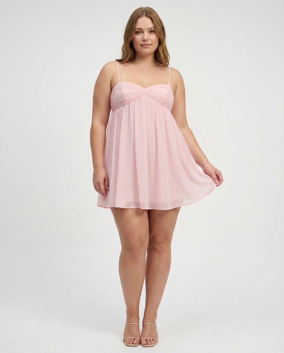 Rachel - Flowy Babydoll Mini Dress - Plus size model