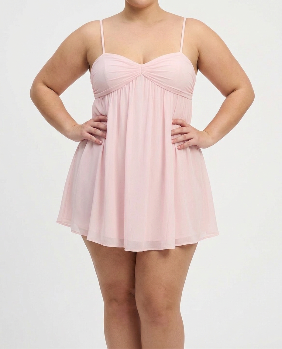 Rachel - Flowy Babydoll Mini Dress - Plus size model