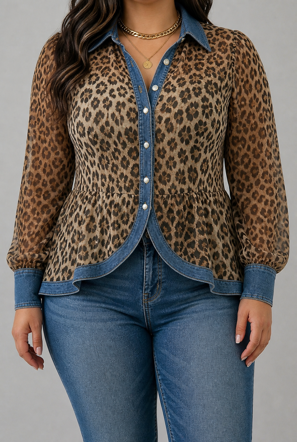 Fablenne | Leopard Print Denim Panel Contrast Longline Jacket - Plus size model