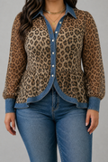 Fablenne | Leopard Print Denim Panel Contrast Longline Jacket - Plus size model