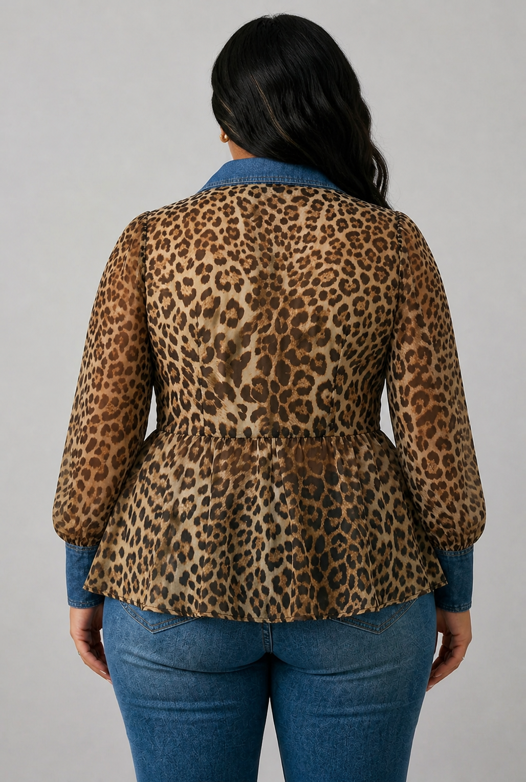 Fablenne | Leopard Print Denim Panel Contrast Longline Jacket - Plus size model