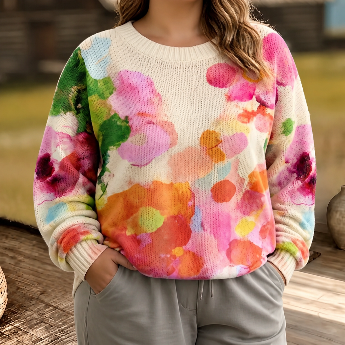 Ondina | Multicolor Floral Knit Sweater - Plus size model