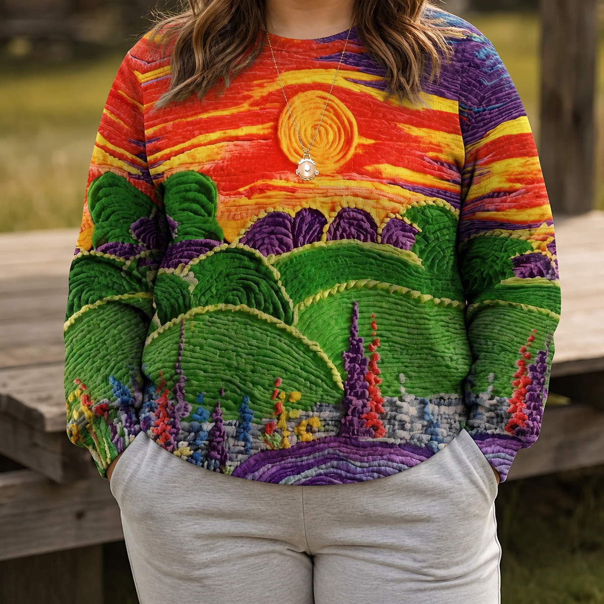 Paisley | Sunburst Landscape Print Relaxed-Fit Sweater - Plus size model
