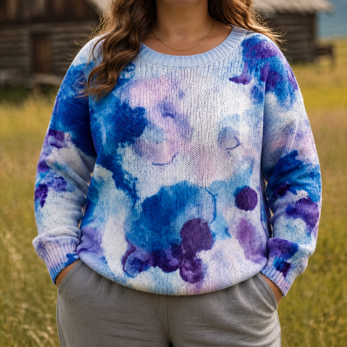 Swanley | Blue Tie-Dye Floral Knit Sweater - Plus size model