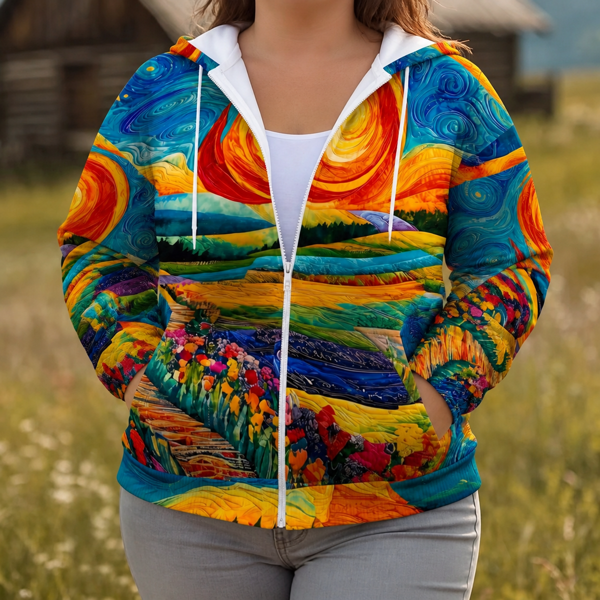 Painted | Sunburst Print Full-Zip Hoodie - Plus size model